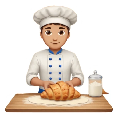 Young male baker – rolling croissant dough on a wooden table, flour on clothes

 sticker
