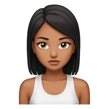 Woman with brown skin black straight hair white tank top and lashes sticker