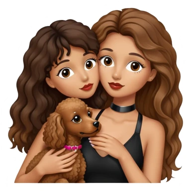 girl with long balayage hair and long lashes, wearing black halterneck top, and holding and kissing a brown poodle sticker