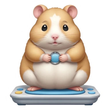 Cute chubby cartoon-style hamster standing on a bathroom scale, looking nervous with praying hands. Painterly shading, closed eyes, white background, sticker-style illustration sticker