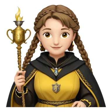 Helga Hufflepuff,the Hogwarts founder of Hufflepuff,brown-haired,2braids,yellow-black medieval dress with black cloak decorated with gold braiding,flickering magic wand and tiny two-handled shiny gold cup engraved with the badger silhouette,very kind smile,curvy busty sweet sticker
