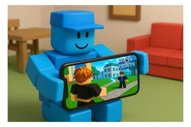 Cancer playing Blox Fruits on phone, Roblox style, blue character sticker