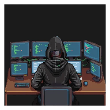 pixel art of a programmer in a dark hoodie, sitting at a desk with multiple monitors sticker