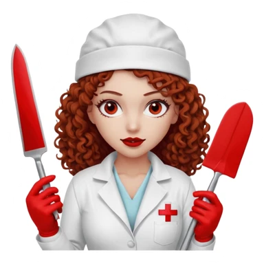 Scary woman scalpel in hand, evil surgeon sexy surgeon clothes.  She has red eyes. Her  brown long curly hair. Wears sexy doctor outfit with red gloves. make her wear red ski mask  to hide. Wears white surgeon jcketneb sticker