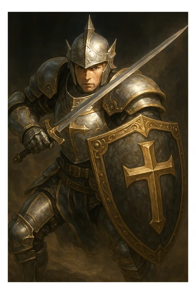 FFXI Paladin, shining armor, defensive stance, shield forward, fantasy game art sticker