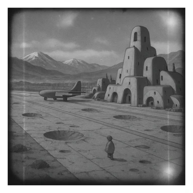 8mm film black and white, no color, light leaks. the image shows post-war reconstruction-era life in the z'rian commonwealth capital region, santa-fe neo-adobe futuristic architechture. arctic temperate region. the image shows a vast airstrip, craters and blast marks, mountains in the vast distance sticker