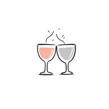 a pair of elegant goblets or wine glasses clinking together, pastel colors dd9fb0, ffc6d3, a3bfc9, c4bee2, f1b091, detailed hand-drawn doodle style sticker