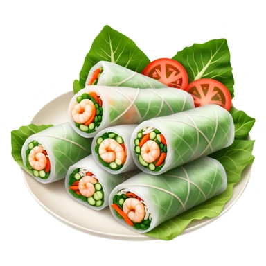 Cinematic Realistic Vietnamese Summer Rolls Dish Emoji, depicted with delicate rice paper wraps filled with fresh vegetables and shrimp rendered with crisp textures and refreshing lighting. sticker