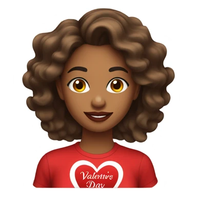 brown lady, medium brown long wavy hair, bright red lips, eyelashes, wearing red “happy Valentine’s Day” t shirt sticker