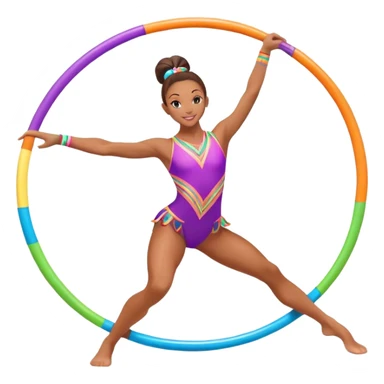An energetic gymnast performing aerobics with a hula hoop. The gymnast is spinning the hoop around their waist in an elegant pose. The background is a lively fitness studio with colorful lights and an active atmosphere, showcasing movement and grace. sticker
