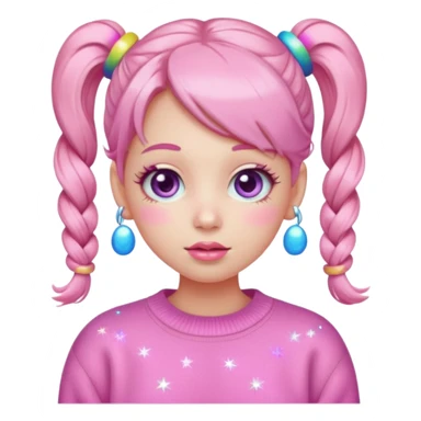 “Emoji girl, pastel pink blush, sparkly wide eyes, glossy bubblegum lips, hair in pigtails with colorful clips, oversized pastel sweater.” sticker
