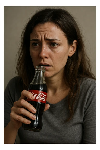 donna con ansia. Che beve coca cola. Immagini realistiche sticker