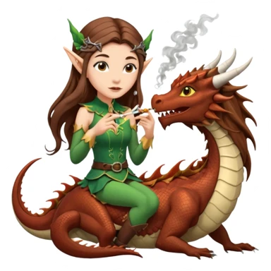 a girl with long brown hair and elf ears riding a dragon and smoking a cigarette sticker