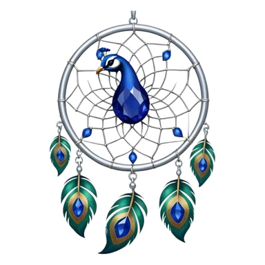 a Silver Dreamcatcher with sapphire-stones and emerald-stones, and with peacock-feathers. Big sapphire gem in the middle. Many tiny emerald gems around it.   sticker