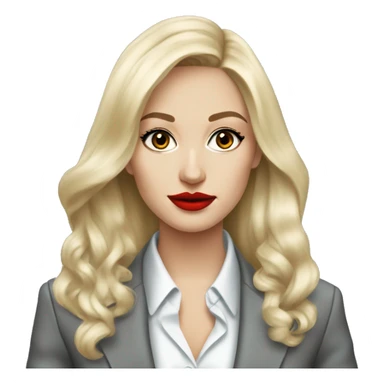 Russian Blonde long hair with red lips small nose and black eyes Tiffany diamond seller in a grey suit sticker