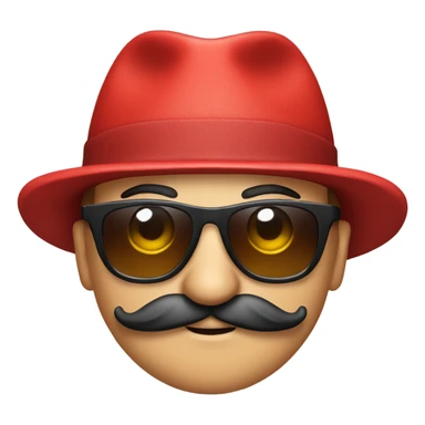 red a man in red clothes wearing a red hat, sunglasses and a moustache sticker
