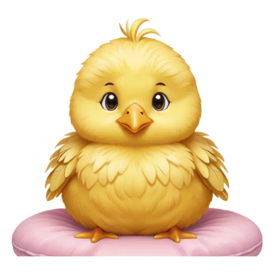 Cinematic round fluffy chick, golden yellow, tiny beak and feet, soft downy feathers, sparkling gentle eyes, sitting on a pastel-colored cushion, radiating warmth and sweetness. sticker