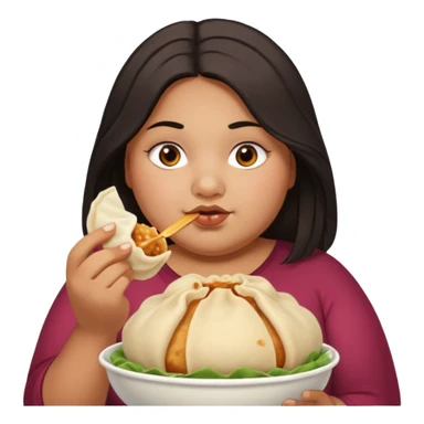 Can you create an emoji of a half Indian - half white 23 year old girl with dark brown mid length hair and brown eyes who is super obese and eating a dumpling. Can the emoji be from head to toe sticker
