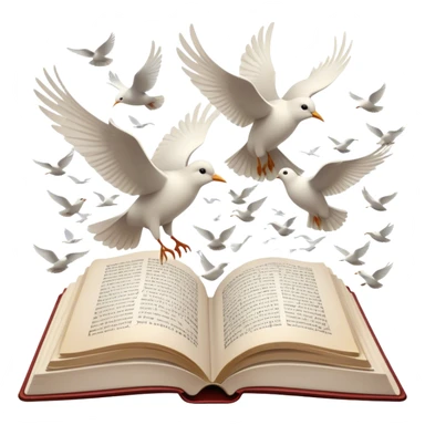 Icon for Poetry Reading: an open book with flowing verses, with pages transforming into a flock of white birds flying away. The icon should evoke the beauty, freedom, and emotional depth of poetry. Transparent background. sticker
