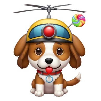 Dog with a colorful lollipop and a helicopter hat sticker