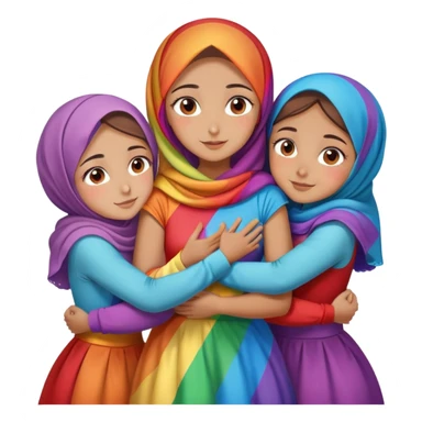 Four sister hugs Turkish girls beautiful finish Konya brown eyes with raimbow hijab and heart dress and hugs  sticker