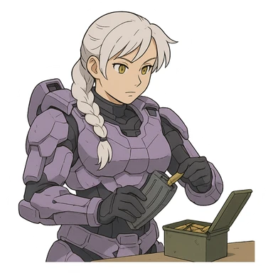 female, wearing reach spartan armor default, long white braid hair with massive messy front side single bangs, gold yellow eyes, attention pose, HALO:series, no helmet, the armor is lavender color scheme, shoulder pad off. DDD bust size fitting. Punk gothic cyberpunk, loading a magazine from a green ammo box sticker