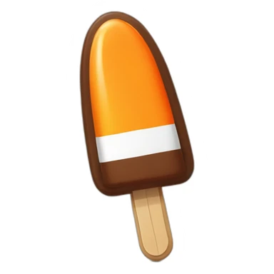 a popsicle shaped like a rocket with one orange stripe, a white stripe and a chocolate top, which is wearing a sword sticker