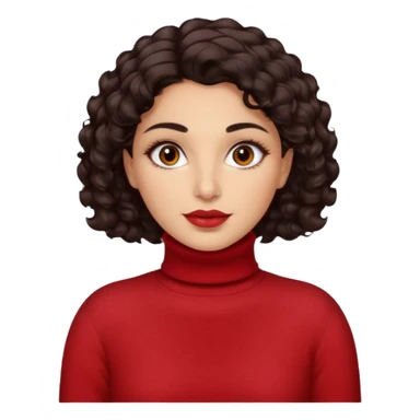 30 yr iranian woman dark brown hair curly wavy short hair, red turtle neck sweater, very thick eyebrows, light skin, dark brown eyes sticker
