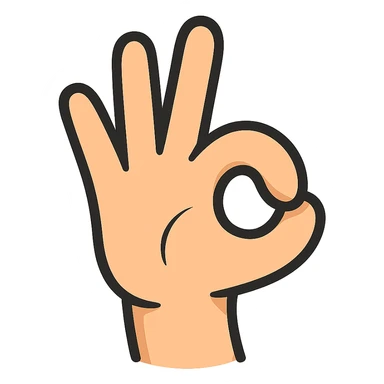 a cartoon-style hand in the 👌 pose, but the index finger is curled tightly downward like a hook, with the thumb resting over it (not making a circle), and the other three fingers extended upright, transparent background sticker