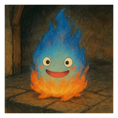 Calcifer from Howl's Moving Castle, a small, blue and orange fire spirit with a cute, animated face, in Ghibli style sticker
