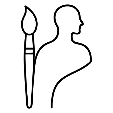 A paintbrush morphing into a polished silver human sculpture silhouette with bronze details, symbol of artistic identity sticker