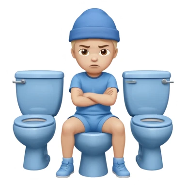 3D cartoon child with a slightly different face, wearing the same style blue hat and blue outfit, sitting on a toilet, angry expression, arms crossed, pastel children’s animation style." sticker
