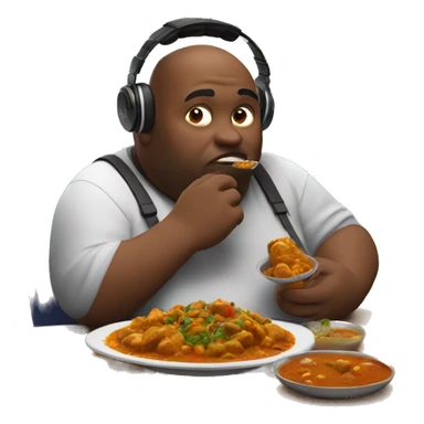 Fat man eating curry in front of a screen wearing a gaming headset sticker