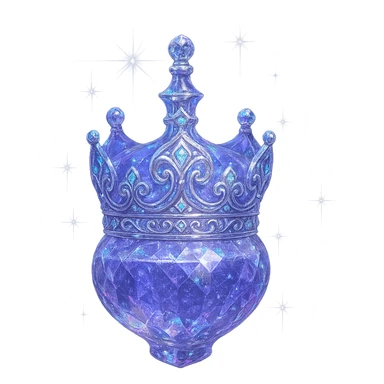 išskirtinai prabangus eliksyro buteliukas, karūnėlės forma, spalva #7986cb, daugiasluoksniai holografiniai ir sidabriniai ornamentai, kristalo tekstūra, daug magiškų švytėjimų ir žėrėjimo, šviesos spinduliai, labai mažas kaklelis, dailiai sujungta, vientisa, užapvalinta apačia (ne plokščia kaip stiklinės), skaidrus fonas, buteliukas aiškiai plūduriuoja ore, be pagrindo ar šešėlio, nestovi, modernus, kolekcijai tinkamas, ypatingai gražus sticker