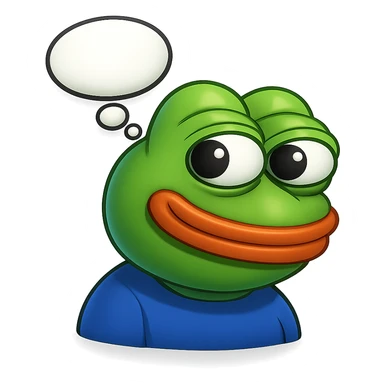 make a pepe in bright green smiling with thought bubble looking at right left in 3d style, good highlights and shadows, drop shadows sticker