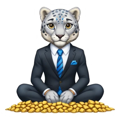 muscular snow leopard in black suit with blue tie sitting on pile of gold nuggets sticker