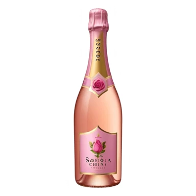 bottle of sparkling rosé with a rose logo on the label, tilted up and to the left, no glass sticker