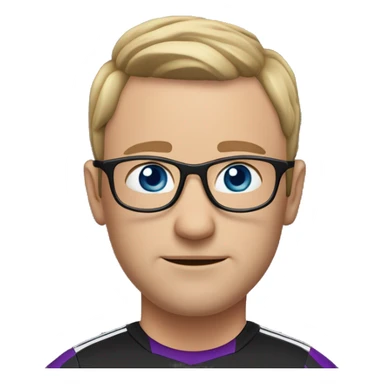 45-year-old man with a slightly round face, very short, short hair with a small central crest and a slightly receding hairline. He has blue eyes, subtle stubble, and wears a black and purple soccer jersey and rounded glasses sticker
