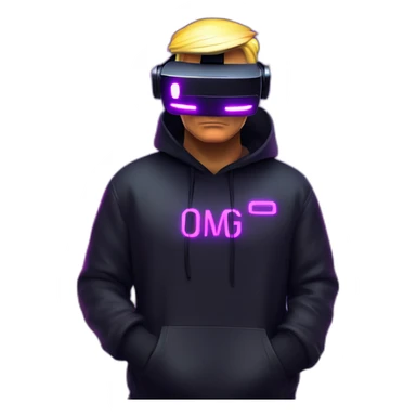 Donald Trump wearing a black hoodie with "OMG" letters on it and VR headset in a cyberpunk VR environment with violet neon lighting. sticker