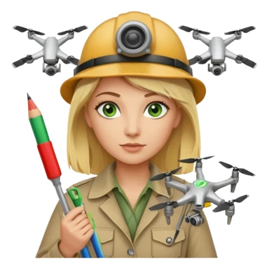 Arqueóloga rubia con ojos verdes, con un cinta métrica, lápiz, rasquetas y dron sticker