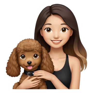 a asian girl with long straight balayage hair, long lashes, smiling, wearing black halterneck top, and holding a brown poodle sticker