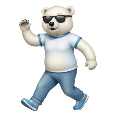 friendly anthropomorphised polar bear in jeans and a t-shirt, wearing dark sunglasses, jogging upright, standard pose sticker