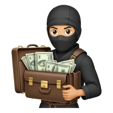 Stealthy ninja holding open money briefcase showing cash inside sticker