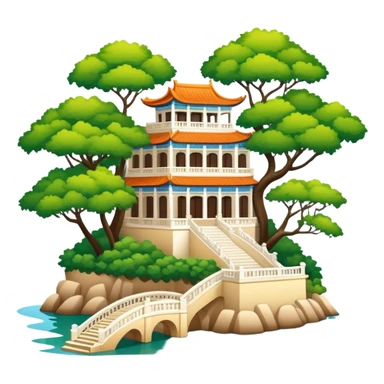 Xiamen Gulangyu Island with shady trees and colonial buildings, simplified emoji style with bold outlines and bright colors, cartoon style island with piano shape sticker