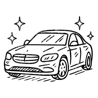 hand-drawn outlined icon of a luxury car, glossy black with multiple small stars and strong reflections, impeccable perfectly clean finish, clean and modern sticker