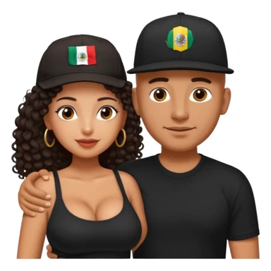 A picture of an embracing tanned couple. the man is a Mexican man with tanned skin, with a bald hair cut wearing a SnapBack hat and a black shirt. the woman is shorter, with long curly dark brown hair and with big boobs   sticker