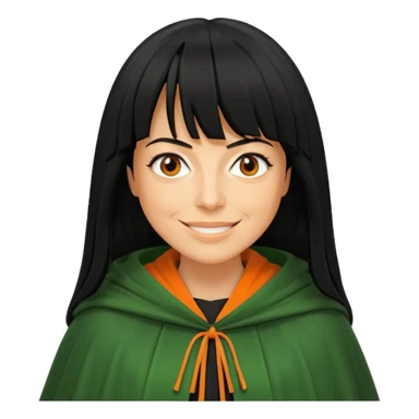 traitor tv show, person wearing green cloak who looks like claudia winkleman orange skin tone and thick black fringe sticker