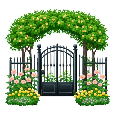 garden entrance with black iron fence, green trees and flowering plants sticker