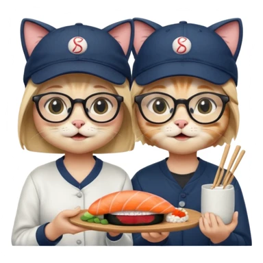cute girl cat with glasses and a cute boy cat with a baseball cap eating sushi together sticker
