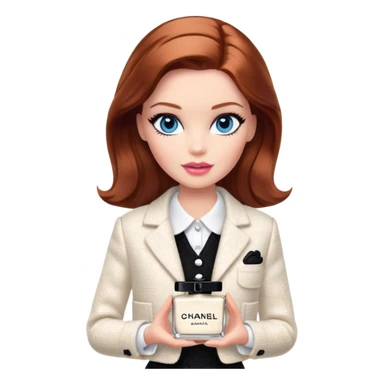 A Barbie girl with blue eyes, shoulder-length reddish-brown hair with makeup, wearing a white tweed jacket and a black skirt, holds chanel cream in her hand sticker